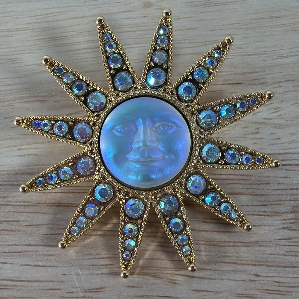 Kirks Folly Gold Tone Moon Face Cameo Star Sun Brooch AB Rhinestone